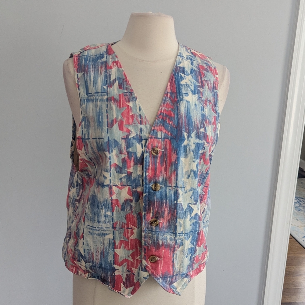 Vintage Women's Vivaldi Americana USA Denim Jacket Medium Blue Red Cream Medium